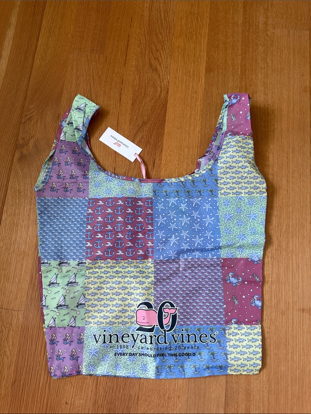 Vineyard Vines Patchwork Logo Tote in Blue, Green, Purple, Pink, Cream